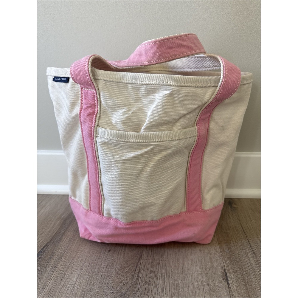 Lands End Canvas Large 5–Pocket Tote  Bag Cream & Pink Heavy Duty 100% Cotton